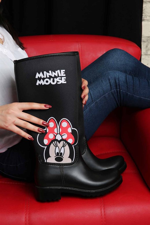 Kadın Minnie Mouse Desenli Yağmur Çizmesi SİYAH