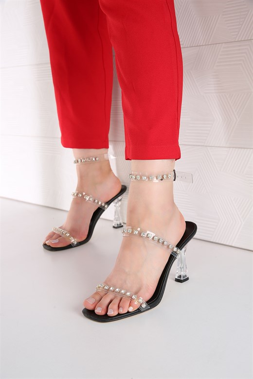 Kadın Şeffaf Bantlı Taşlı Topuklu Sandalet SİYAH CİLT