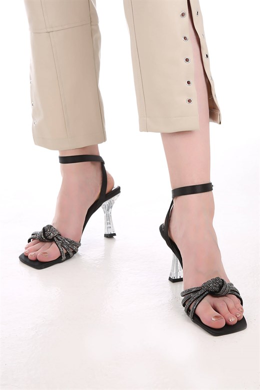 Kadın Taş Bantlı Topuklu Sandalet SİYAH SATEN