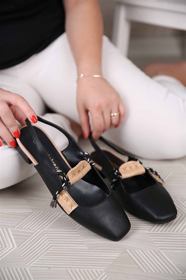 Bayan Bağcık Tasarımlı Kısa Topuklu Sandalet  - L164 SİYAH CİLT