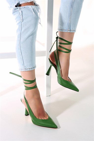 Kadın Bağlamalı Topuklu Sandalet YEŞİL CİLT