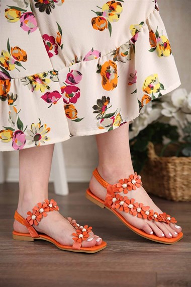 Kadın Baş Parmak Arası İnci Çiçekli Sandalet ORANJ