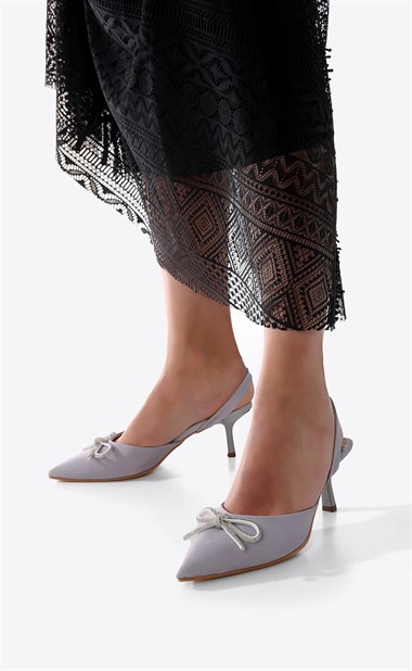 Kadın Fiyonk Taşlı Topuklu Ayakkabı GRİ SATEN