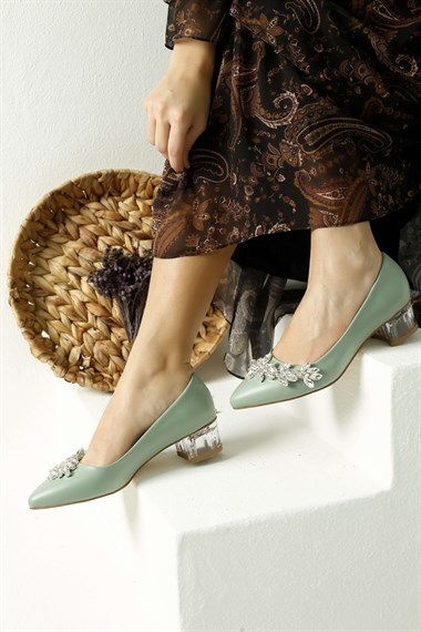 Kadın Şeffaf Topuklu Taşlı Ayakkabı MİNT YEŞİLİ CİLT