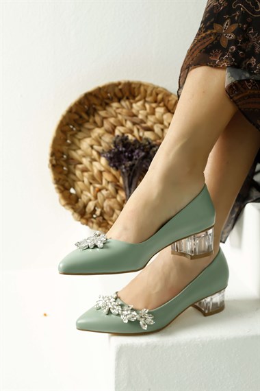 Kadın Şeffaf Topuklu Taşlı Ayakkabı MİNT YEŞİLİ CİLT